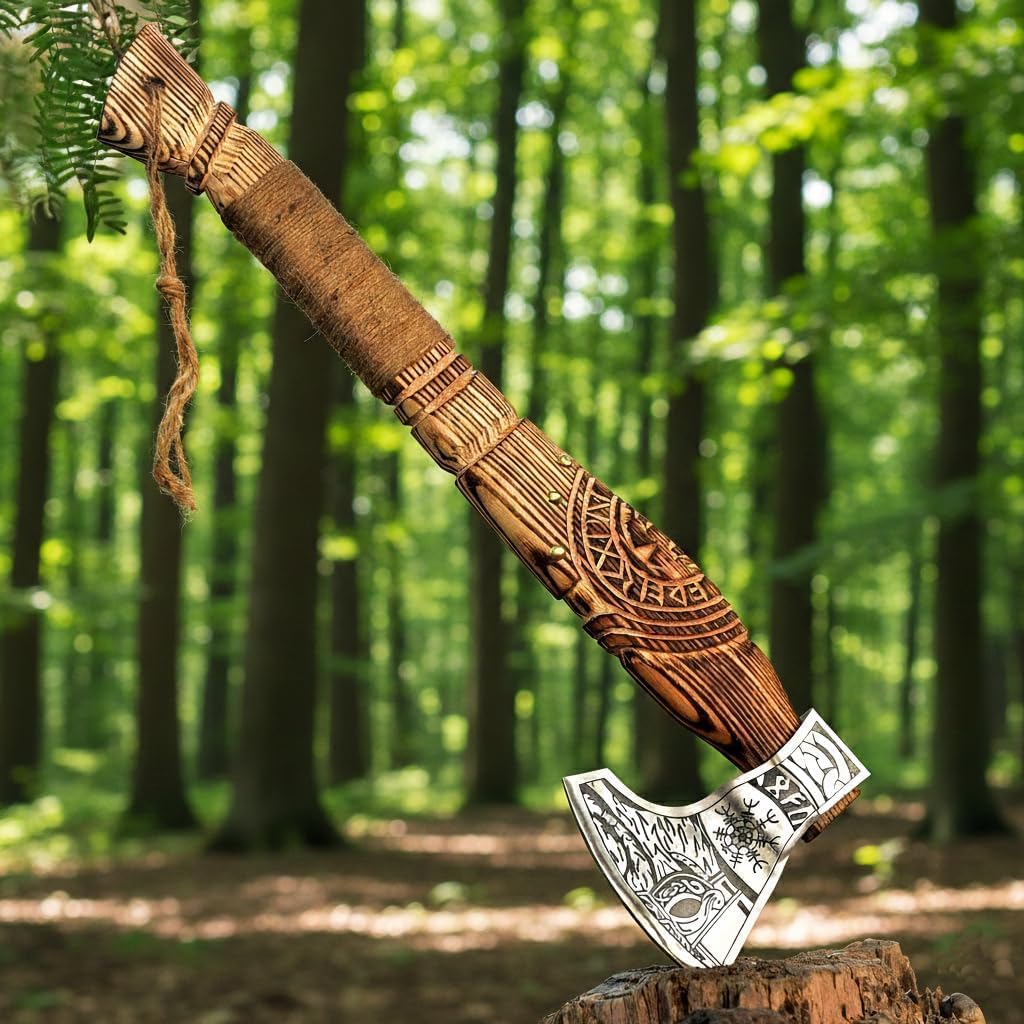 Hand Forged Viking Axe – Carbon Steel Blade with Rosewood Handle & Leather Sheath, Camping & Outdoor Hatchet, Norse Bearded Axe, Historical Gift for Men