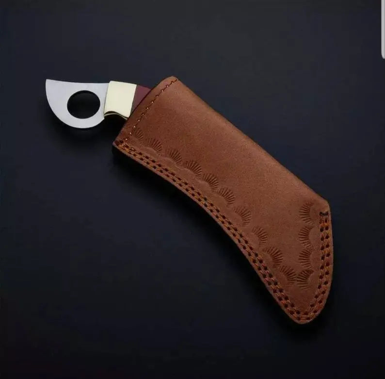 Handmade Damascus Steel Karambit Knife Full Tang Fixed Blade with Wood & Bone Handle, Leather Sheath Included