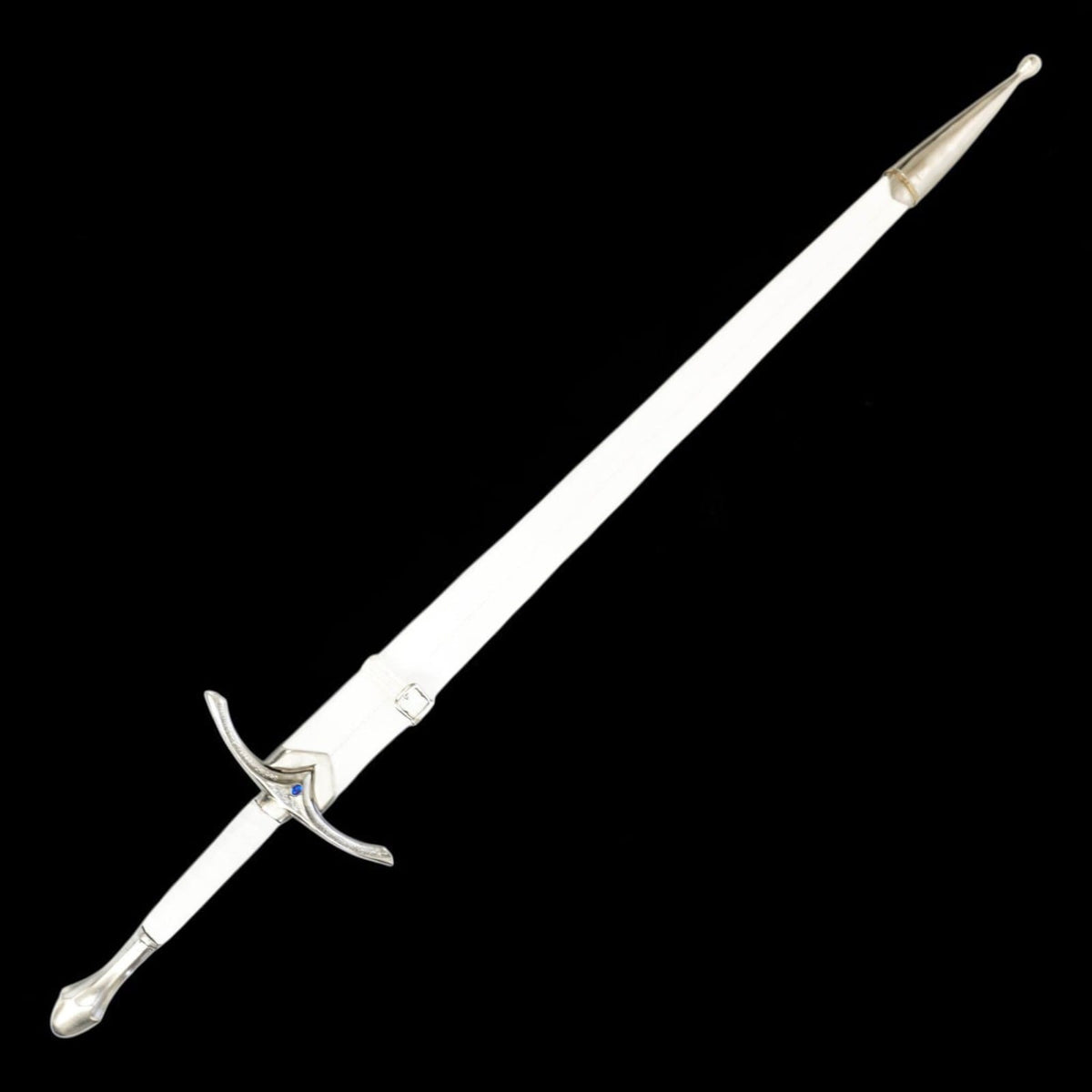 Handcrafted medieval long sword with white handle displayed inside a premium leather scabbard, designed for collectors, home décor, and display collections.
