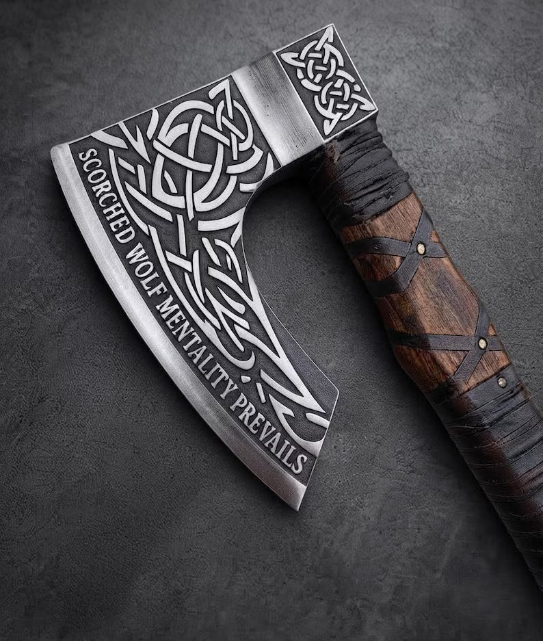 Hand Forged Viking Axe & Wolf Shield Set Rosewood Handle, Leather Wrap (Decorative)