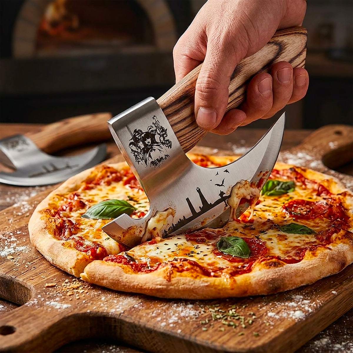 Lord of the Rings inspired engraved pizza cutter slicing fresh pizza with ergonomic wood handle and stainless steel blade