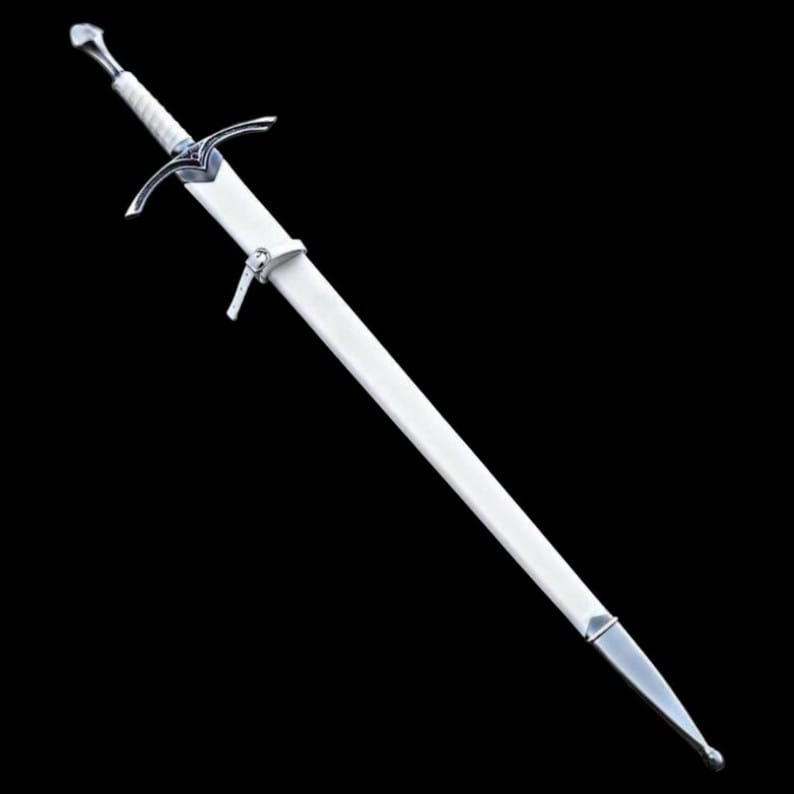 Full view image of the handmade medieval knight longsword inside its white wooden scabbard with decorative fittings