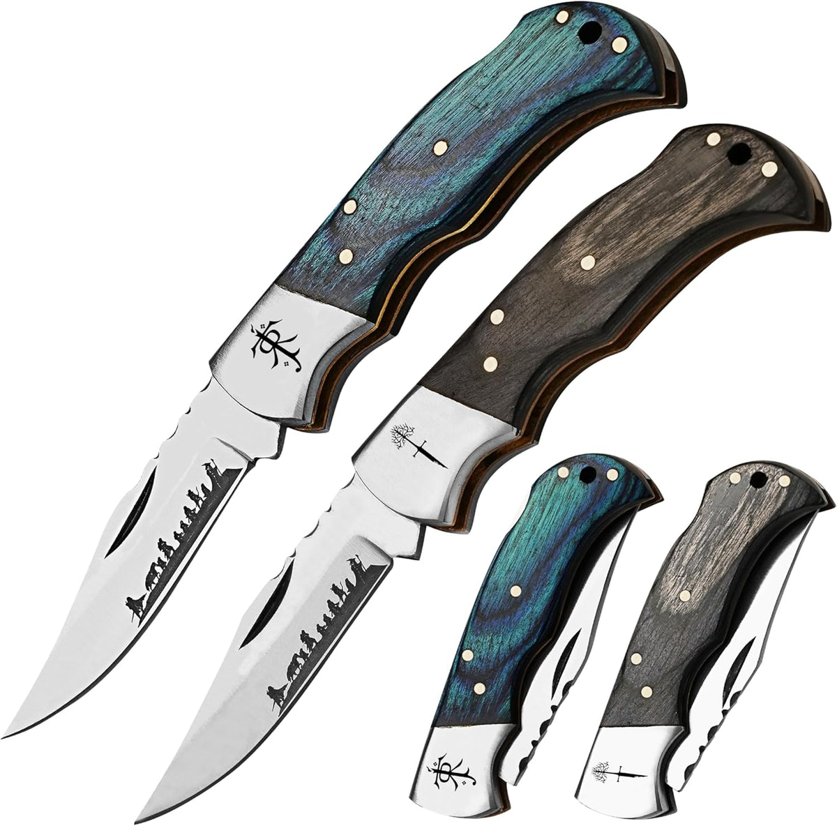 2 Pack Folding Pocket Knife Set with Blue and Black Wooden Handles, 420HC Stainless Steel Blades and Fantasy Inspired Engraved Gift Lockets