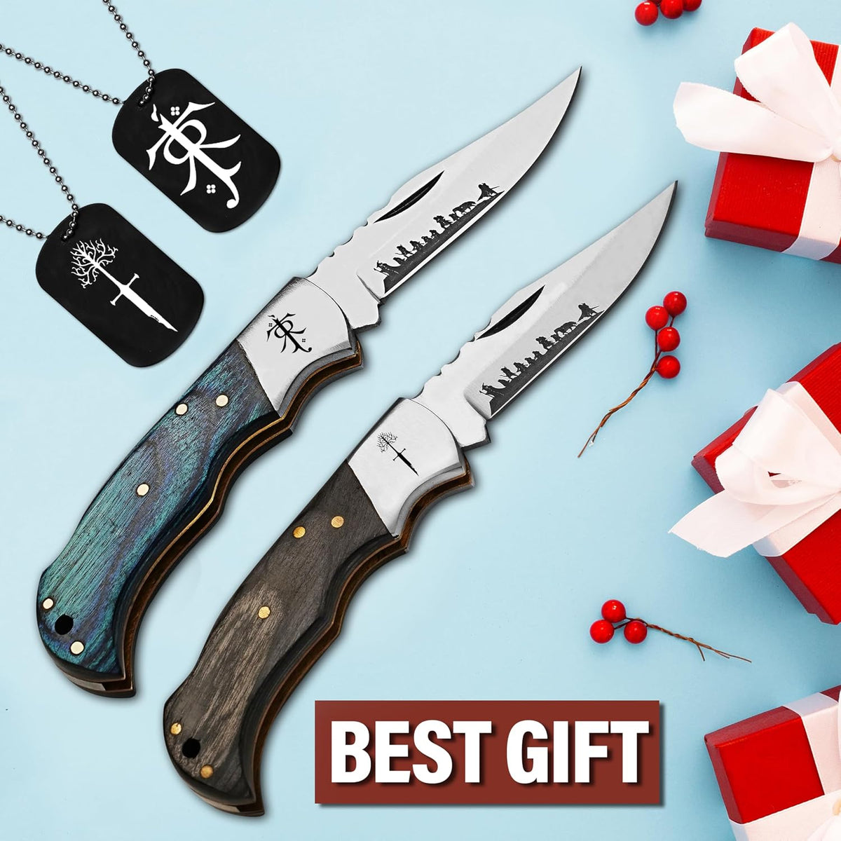 Premium Two Pack Folding Pocket Knife Gift Set with Blue and Black Wooden Handles and Fantasy Inspired Engraved Collectible Lockets