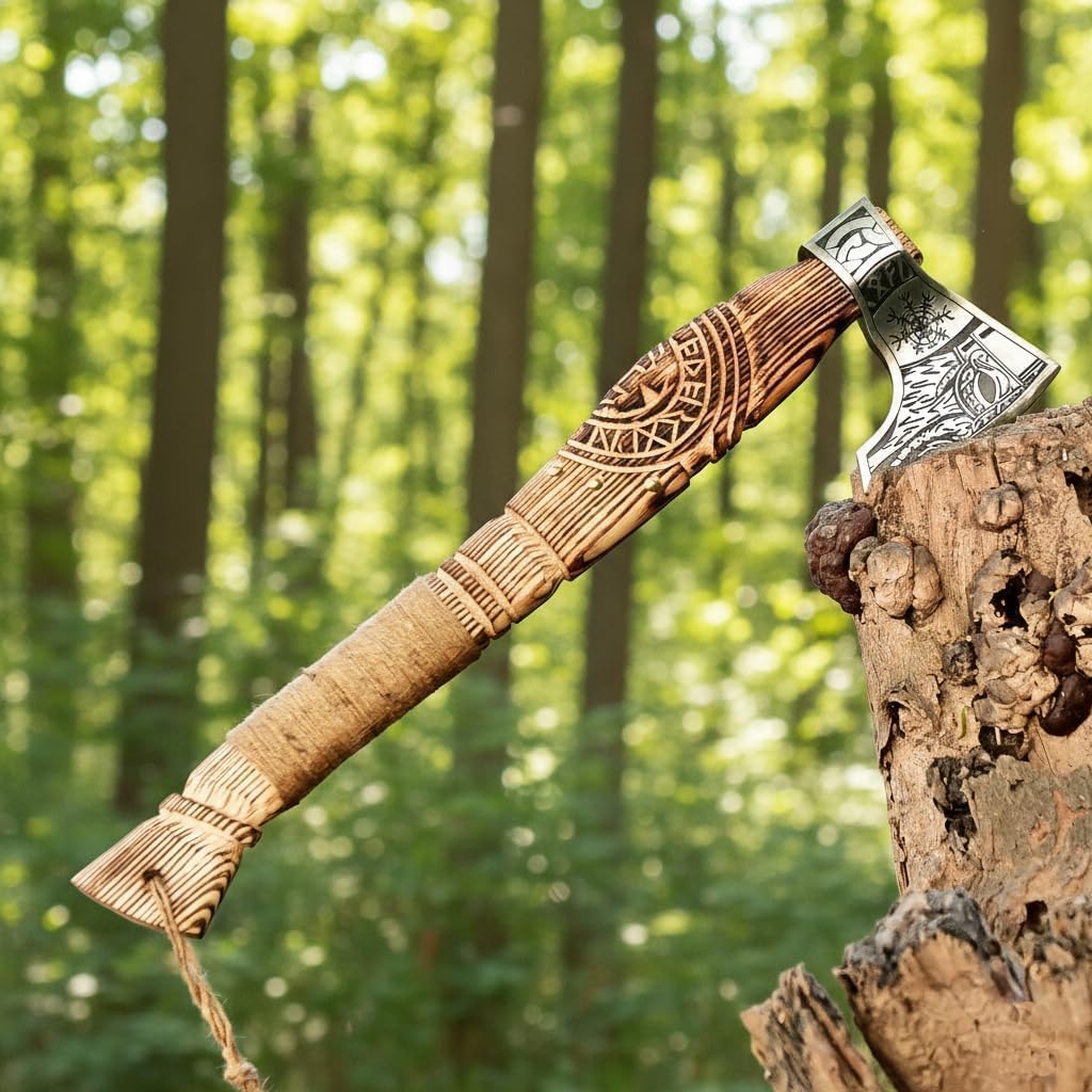 Decorative axe with wooden handle and metal head on a tree stump in a forest setting