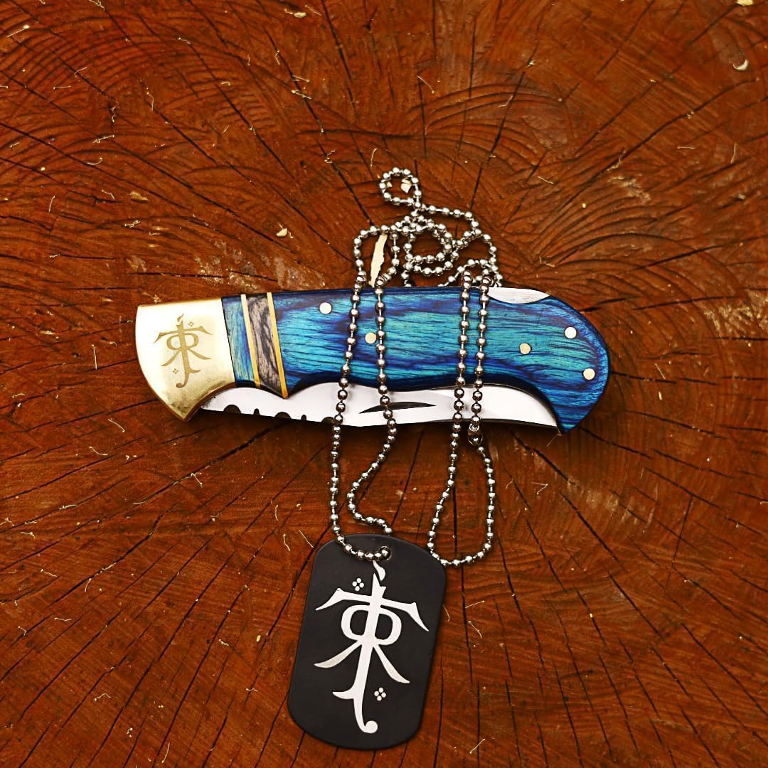 Handcrafted Lord of the Rings folding pocket knife with 420HC stainless steel blade, blue Pakka wood handle and engraved gift locket
