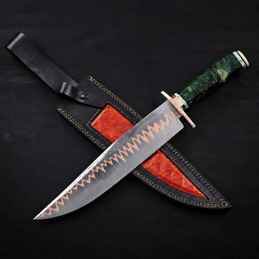Handforged 16-Inch Copper Damascus Bowie Knife Green Handle, Copper Guard, Full Tang with Leather Sheath