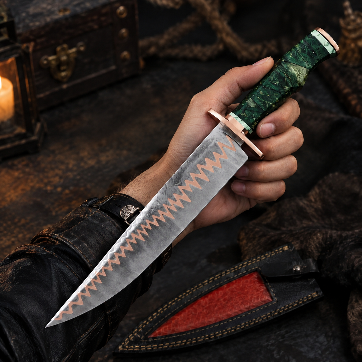 Handforged 16-Inch Copper Damascus Bowie Knife Green Handle, Copper Guard, Full Tang with Leather Sheath