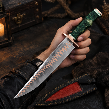 Handforged 16-Inch Copper Damascus Bowie Knife Green Handle, Copper Guard, Full Tang with Leather Sheath