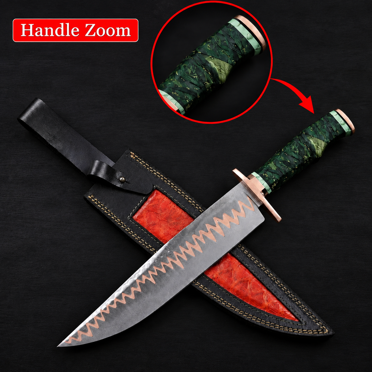 Handforged 16-Inch Copper Damascus Bowie Knife Green Handle, Copper Guard, Full Tang with Leather Sheath