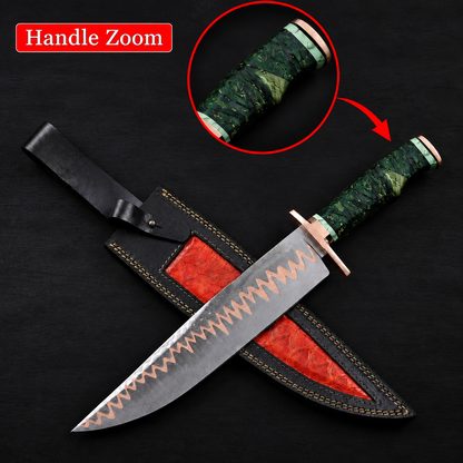 Handforged 16-Inch Copper Damascus Bowie Knife Green Handle, Copper Guard, Full Tang with Leather Sheath