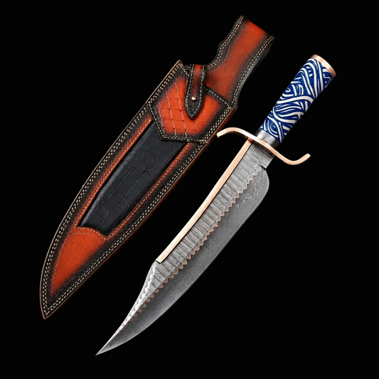 A fixed-blade knife with a patterned blue and white handle, a textured silver steel blade, and a copper-colored guard, displayed next to its brown leather sheath on a dark wood background.