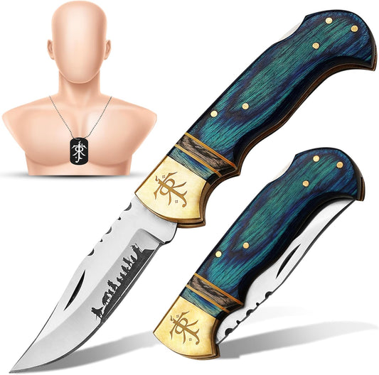 Lord of the Rings folding pocket knife with complimentary engraved gift locket and blue Pakka wood handle