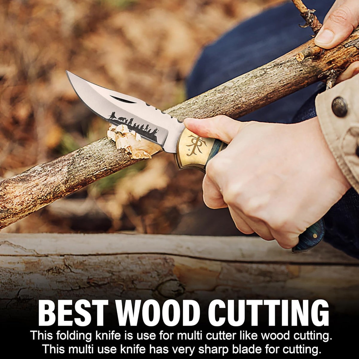 Lord of the Rings folding pocket knife demonstrating outdoor wood cutting with ergonomic blue Pakka wood handle