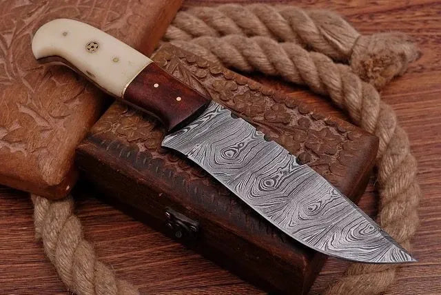 Handmade Damascus Steel Hunting Knife Fixed Blade with Bone & Wood Handle, Leather Sheath Included
