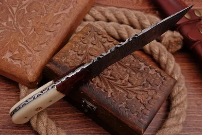 Handmade Damascus Steel Hunting Knife Fixed Blade with Bone & Wood Handle, Leather Sheath Included