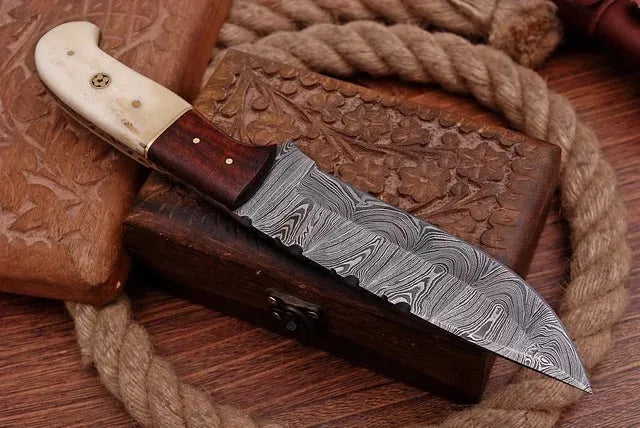 Handmade Damascus Steel Hunting Knife Fixed Blade with Bone & Wood Handle, Leather Sheath Included