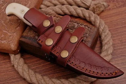 Handmade Damascus Steel Hunting Knife Fixed Blade with Bone & Wood Handle, Leather Sheath Included