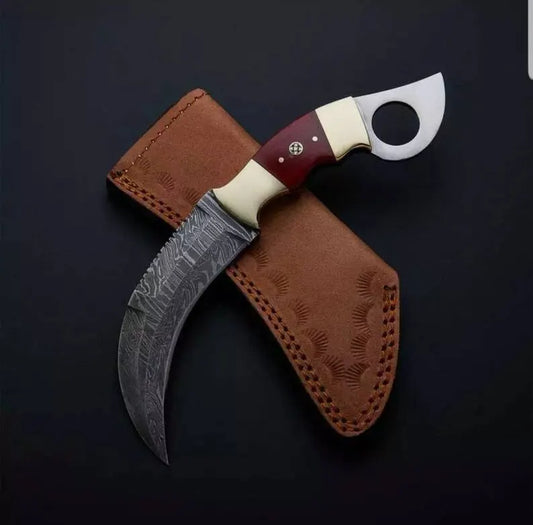 Handmade Damascus Steel Karambit Knife Full Tang Fixed Blade with Wood & Bone Handle, Leather Sheath Included