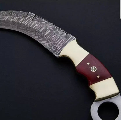 Handmade Damascus Steel Karambit Knife Full Tang Fixed Blade with Wood & Bone Handle, Leather Sheath Included