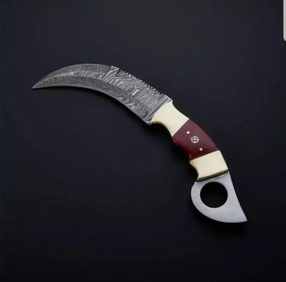 Handmade Damascus Steel Karambit Knife Full Tang Fixed Blade with Wood & Bone Handle, Leather Sheath Included