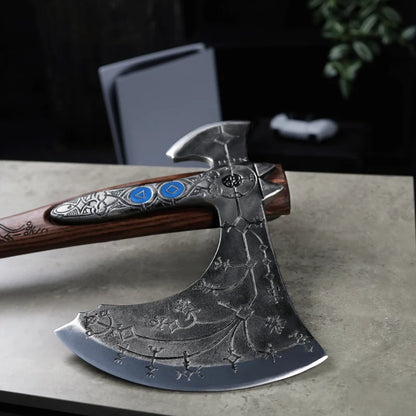 Hand Forged Double Bladed Norse Axe Carved Ash Wood Handle with Glow in the Dark Runes, Ragnarok Style Battle Ready Cosplay Axe