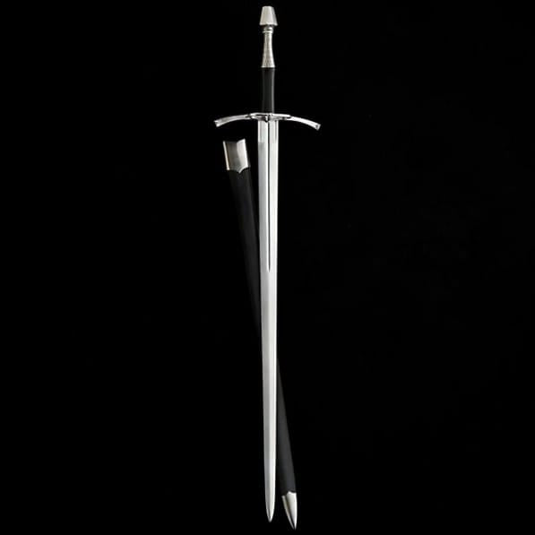 Renaissance Long Sword Oakeshott Type XX with leather scabbard, hand and a half medieval sword featuring an EN45 spring steel blade, leather wrapped grip, and traditional European design.