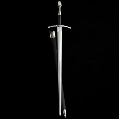 Renaissance Long Sword Oakeshott Type XX with leather scabbard, hand and a half medieval sword featuring an EN45 spring steel blade, leather wrapped grip, and traditional European design.
