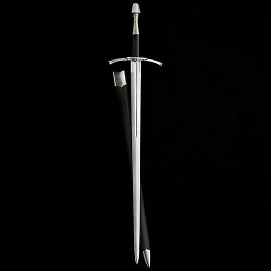 Renaissance Long Sword Oakeshott Type XX with leather scabbard, hand and a half medieval sword featuring an EN45 spring steel blade, leather wrapped grip, and traditional European design.