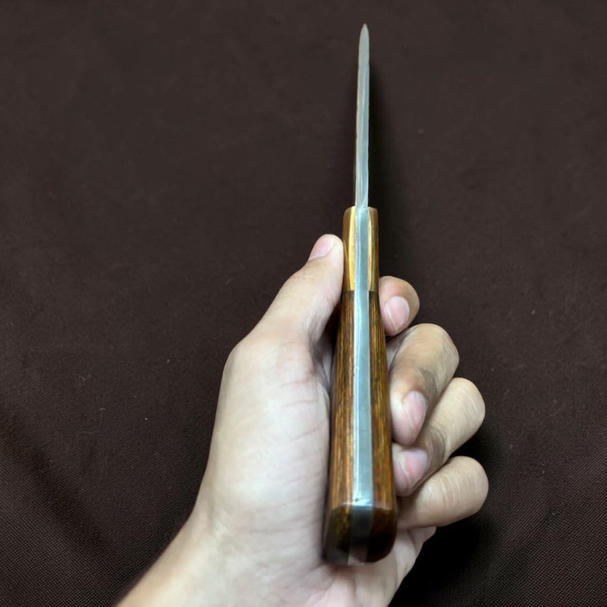 Hand Forged Tanto Fixed Blade Knife Hammered Finish with Brass Bolster and Wood Handle