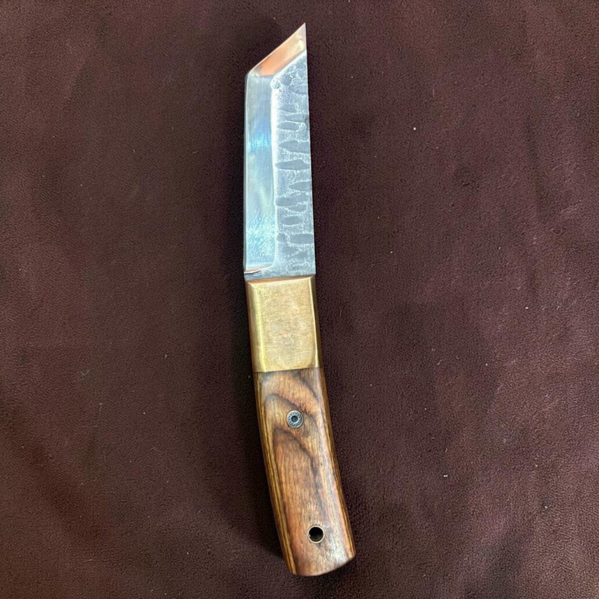 Hand Forged Tanto Fixed Blade Knife Hammered Finish with Brass Bolster and Wood Handle