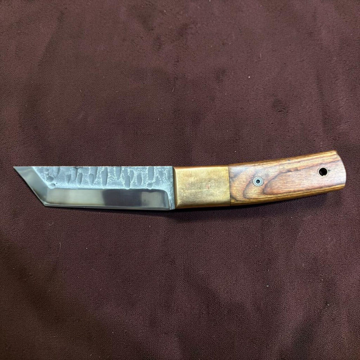 Hand Forged Tanto Fixed Blade Knife Hammered Finish with Brass Bolster and Wood Handle