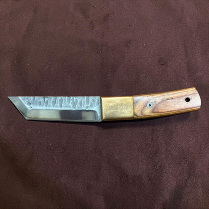 Hand Forged Tanto Fixed Blade Knife Hammered Finish with Brass Bolster and Wood Handle
