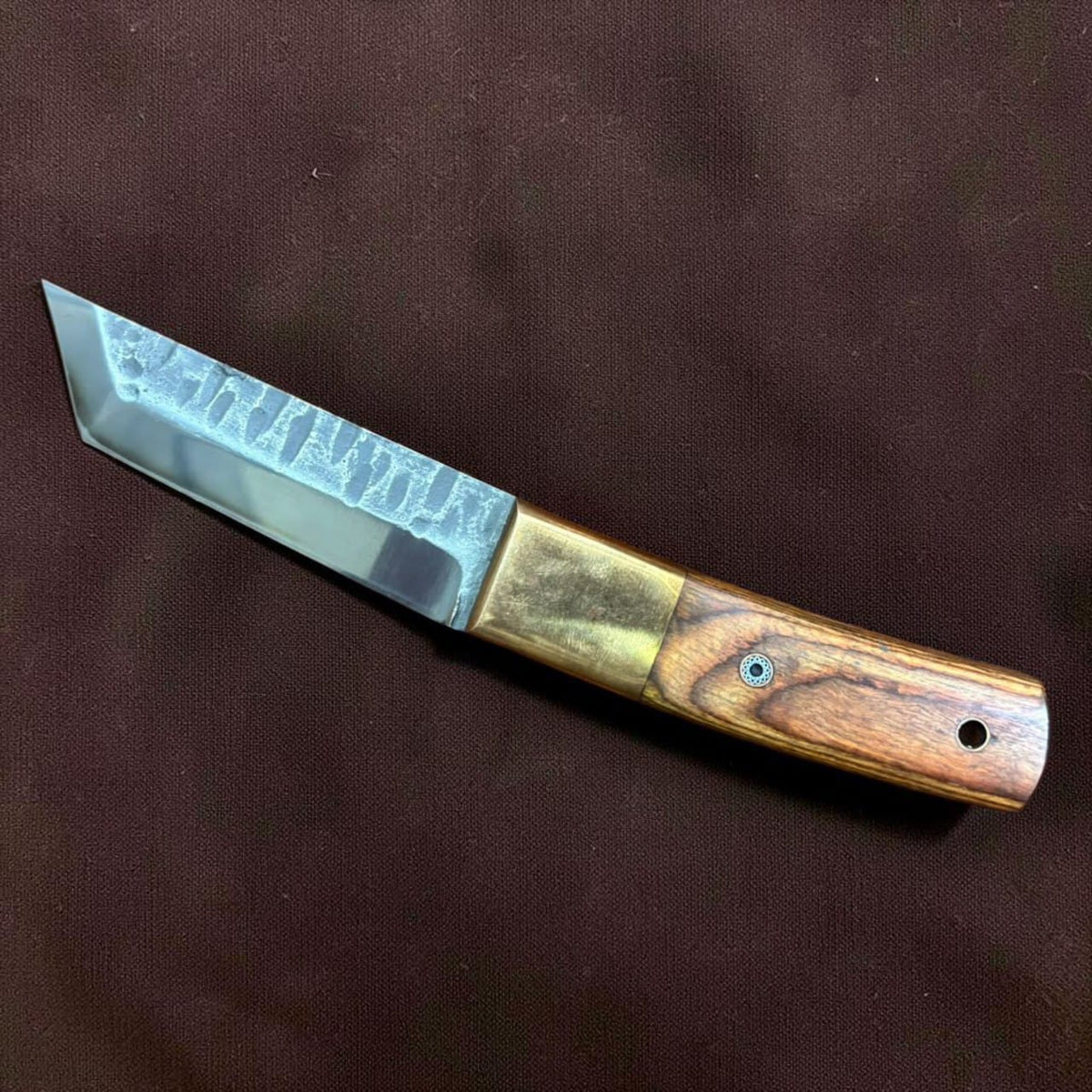 Hand Forged Tanto Fixed Blade Knife Hammered Finish with Brass Bolster and Wood Handle