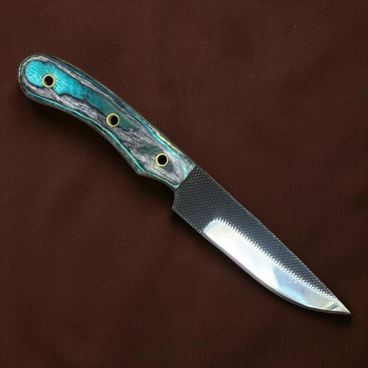 Hand Forged Drop Point Fixed Blade Knife Resin & Wood Handle with Brass Rivets