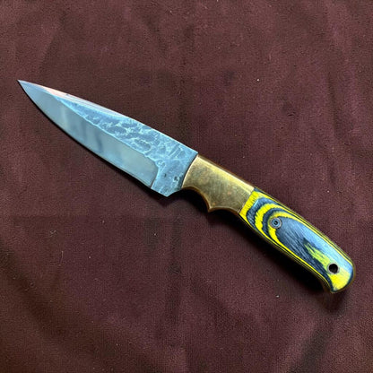 Hand Forged Hunting Knife  Hammered Drop Point Blade with Brass Bolster and Blue Yellow Handle