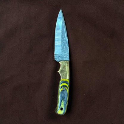Hand Forged Hunting Knife  Hammered Drop Point Blade with Brass Bolster and Blue Yellow Handle