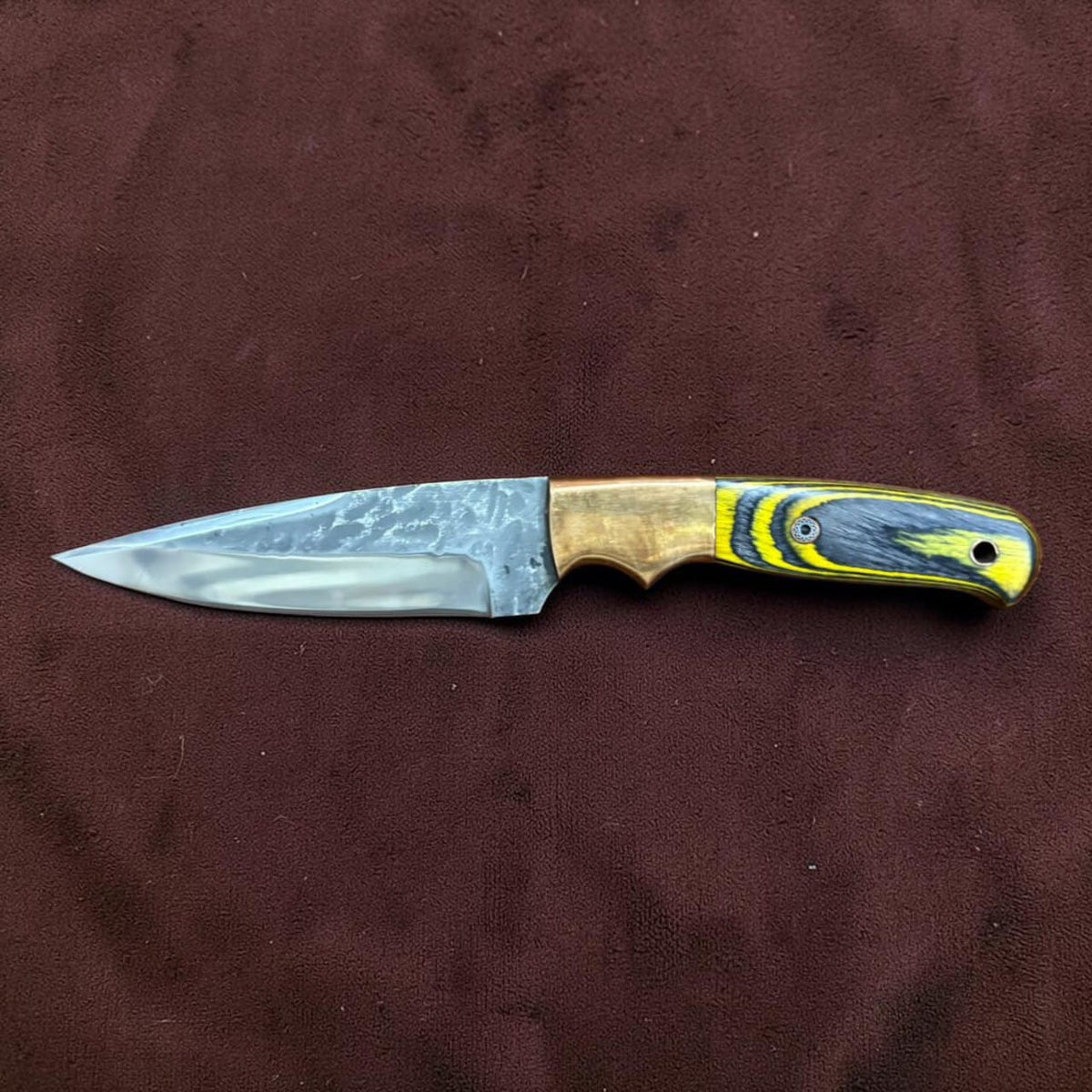 Hand Forged Hunting Knife  Hammered Drop Point Blade with Brass Bolster and Blue Yellow Handle