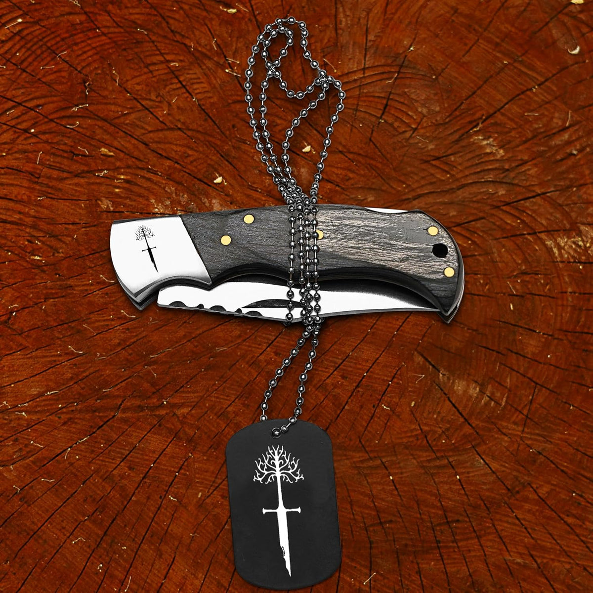 Black Wooden Handle Folding Pocket Knife with White Tree Inspired Engraving and Matching Collectible Gift Locket