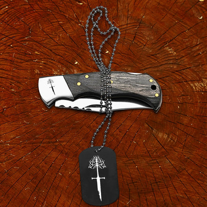 Black Wooden Handle Folding Pocket Knife with White Tree Inspired Engraving and Matching Collectible Gift Locket