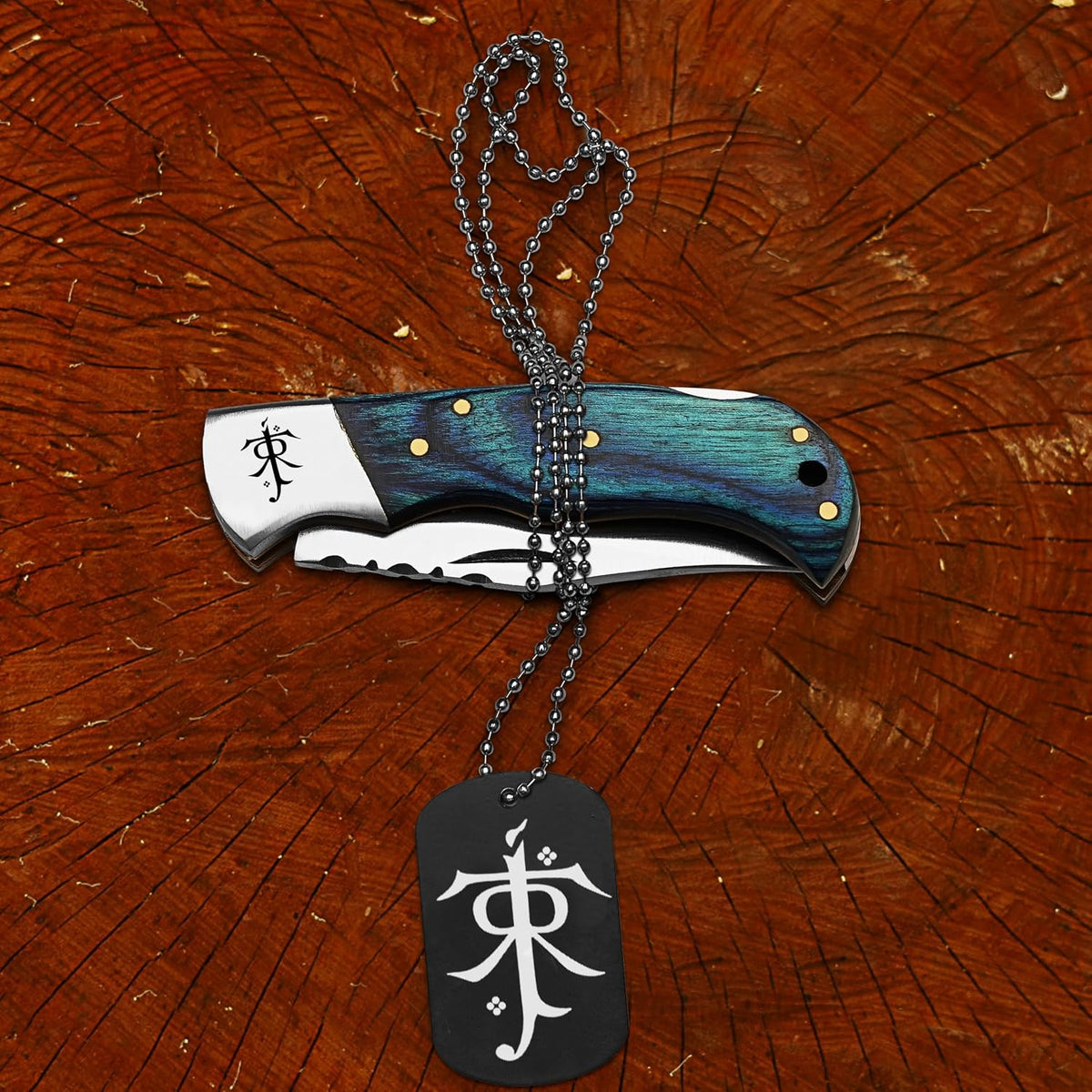 Blue Wooden Handle Folding Pocket Knife with Fantasy Inspired Engraving and Matching Collectible Gift Locket