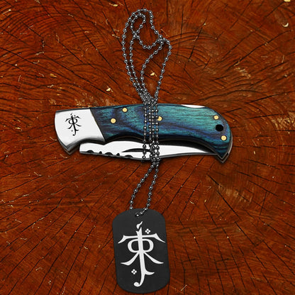 Blue Wooden Handle Folding Pocket Knife with Fantasy Inspired Engraving and Matching Collectible Gift Locket
