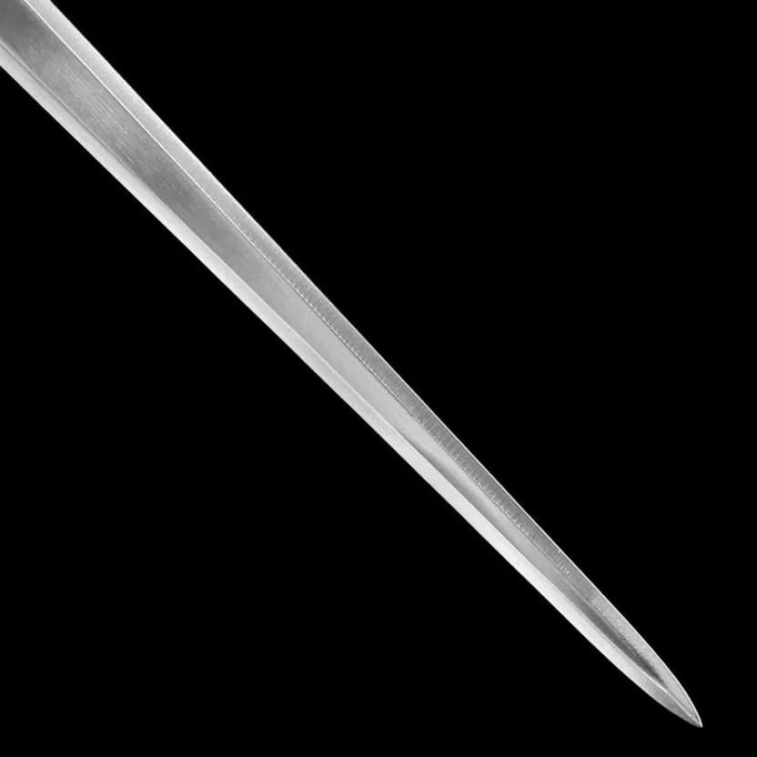 Close-up of the polished carbon steel blade showcasing the craftsmanship and finish of a handcrafted medieval fantasy sword.