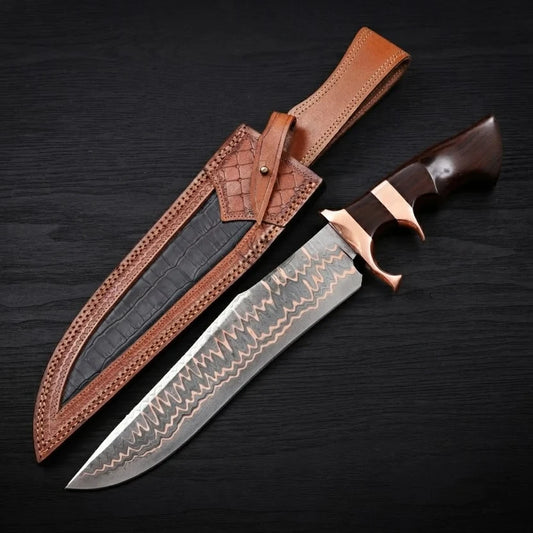 Copper Damascus Bowie Knife 17" – Double Copper Guard, Ebony & Wood Handle