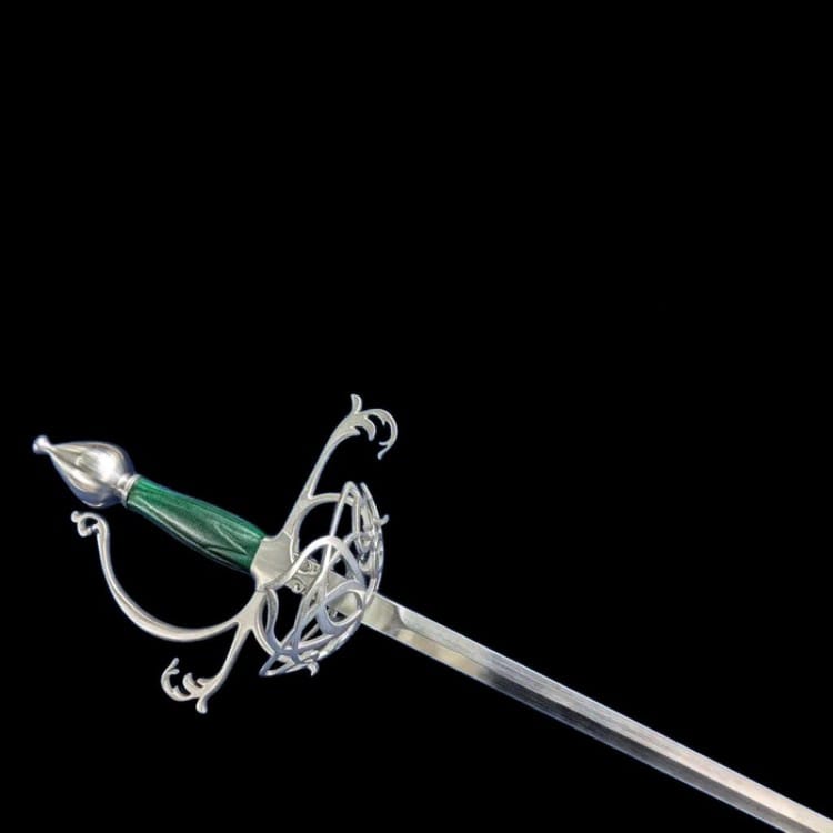 Detailed fantasy cup hilt rapier with green carved grip and ornate guard