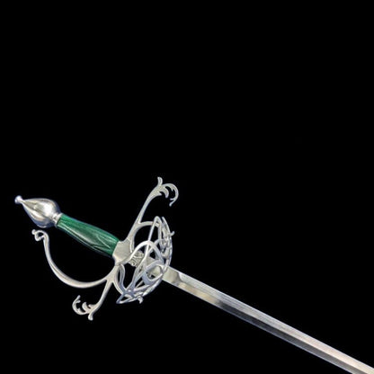 Detailed fantasy cup hilt rapier with green carved grip and ornate guard