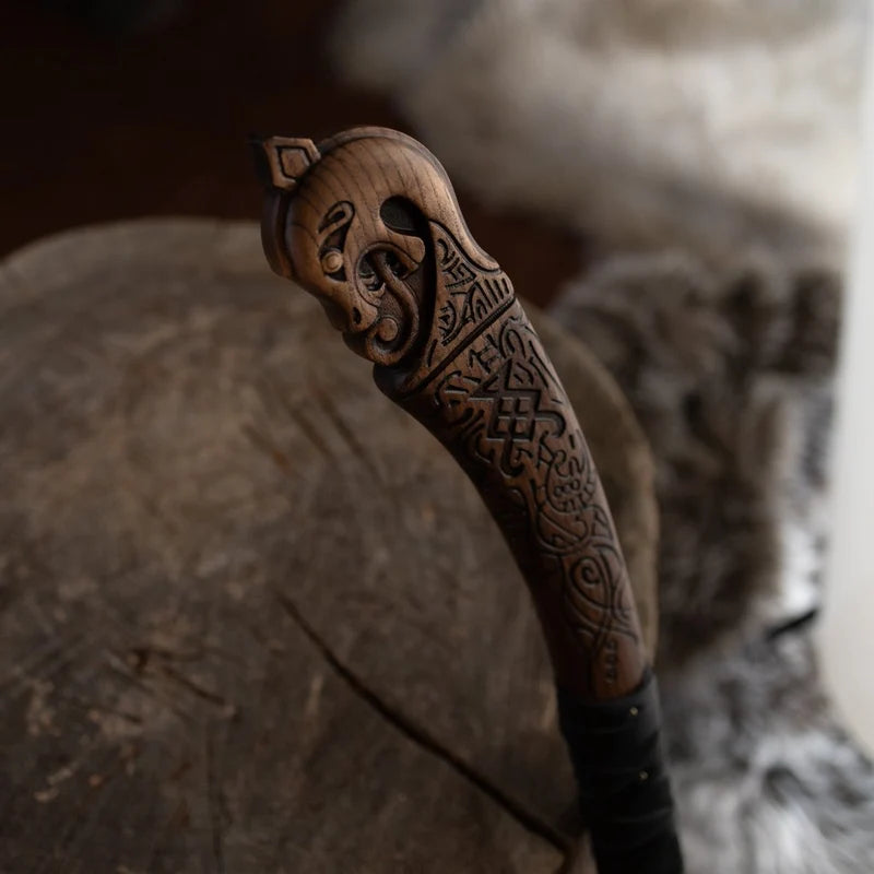 Hand Forged Double Bladed Norse Axe Carved Ash Wood Handle with Glow in the Dark Runes, Ragnarok Style Battle Ready Cosplay Axe
