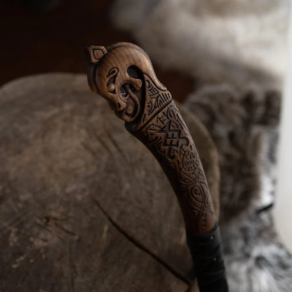 Hand Forged Double Bladed Norse Axe Carved Ash Wood Handle with Glow in the Dark Runes, Ragnarok Style Battle Ready Cosplay Axe
