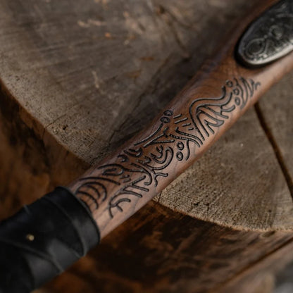 Hand Forged Double Bladed Norse Axe Carved Ash Wood Handle with Glow in the Dark Runes, Ragnarok Style Battle Ready Cosplay Axe