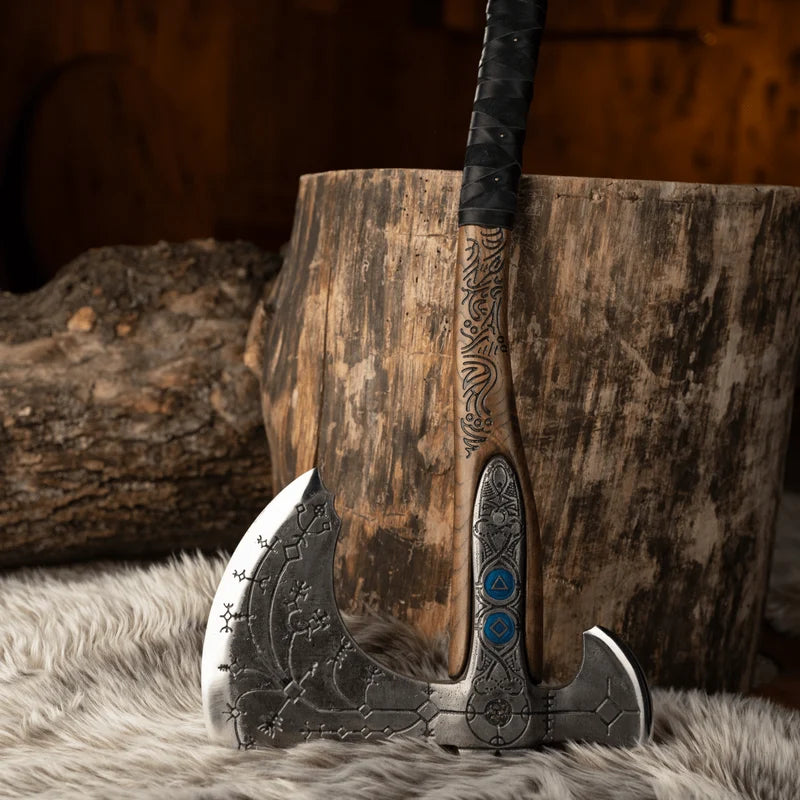 Decorative axe with intricate designs on a wooden block and fur surface